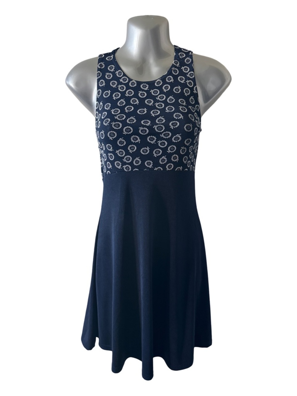Vintage La Belle Navy Daisy Fit Flare Dress‎ Sleeveless M USA
